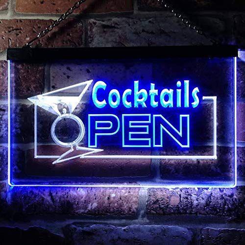 Bar Cocktails Open Dual LED Neon Light Sign
